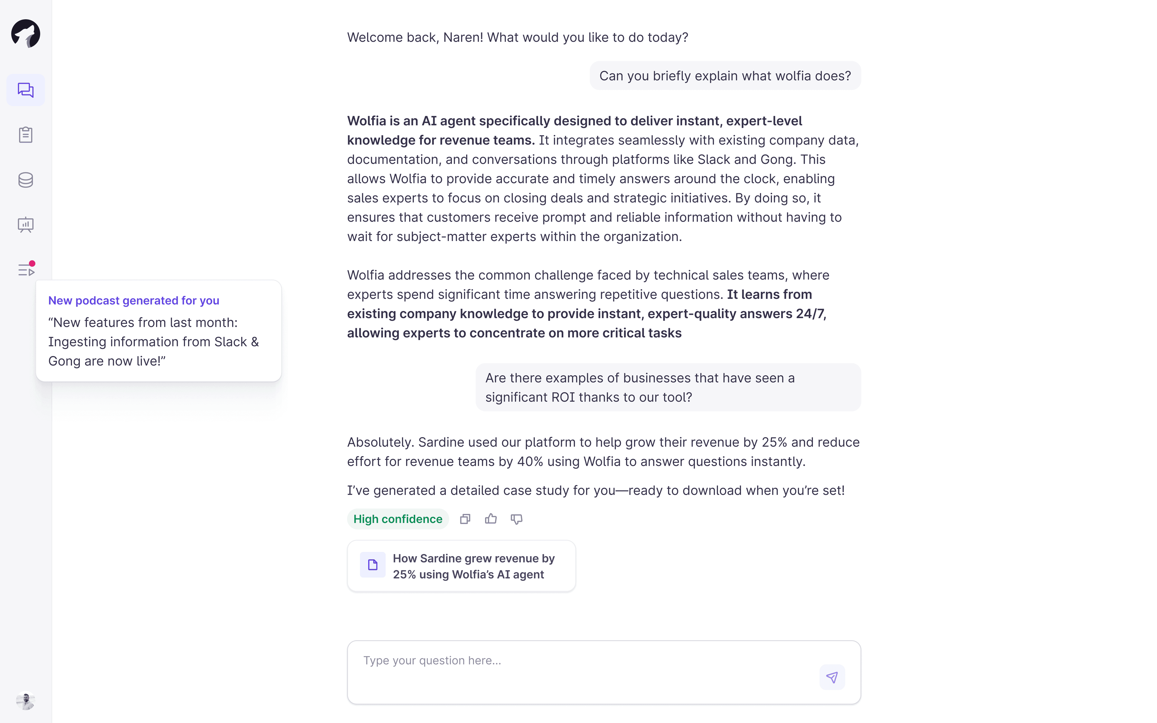 Wolfia platform preview showing automated answers