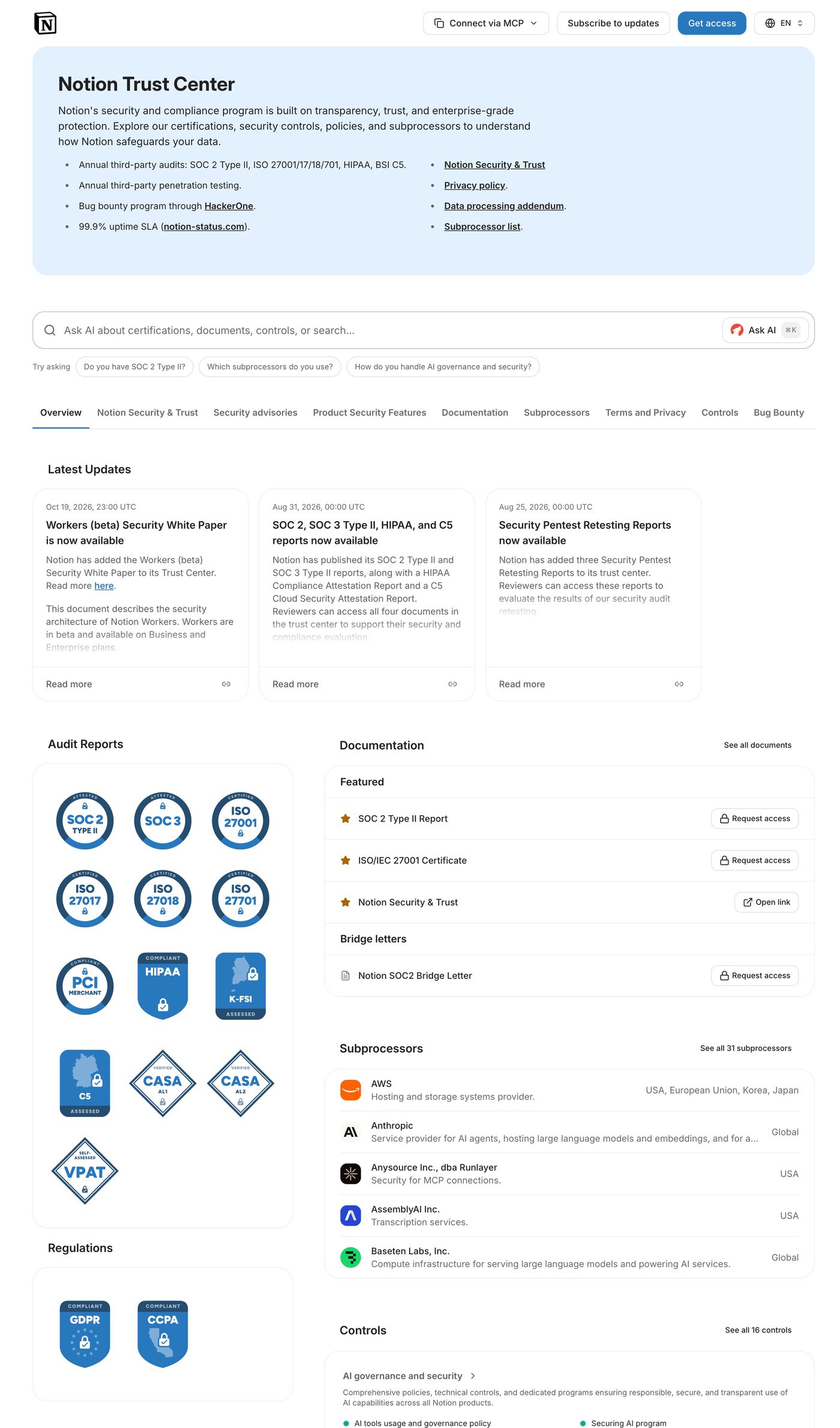 Notion trust center, running on Wolfia